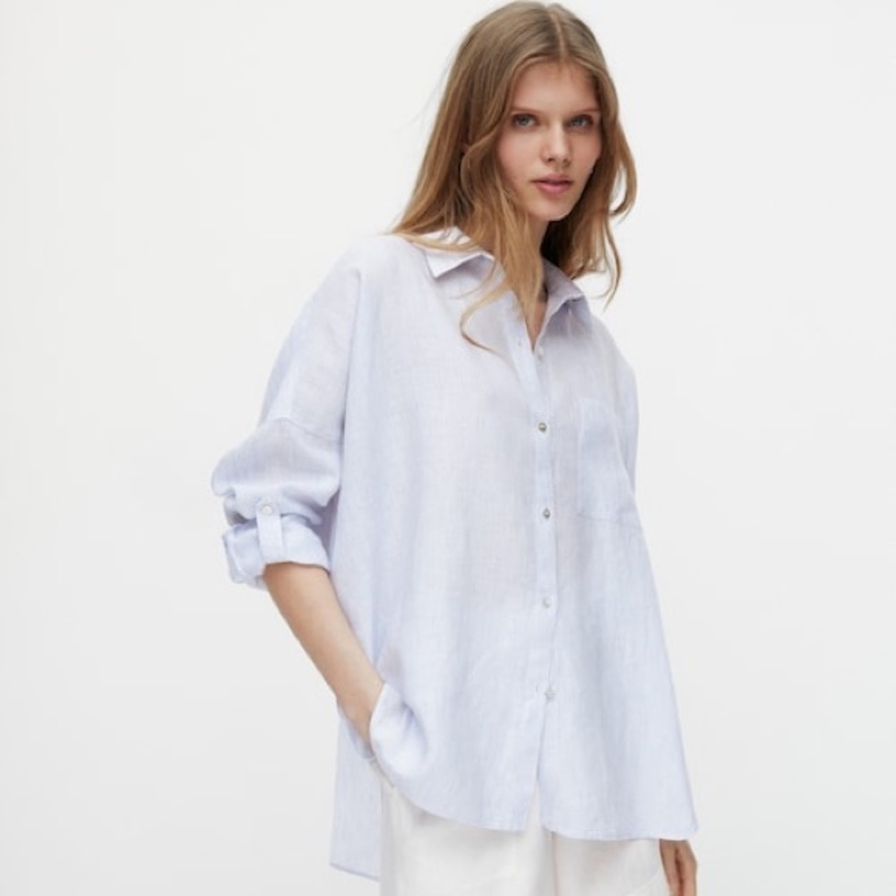 Massimo Dutti Blue/White Striped 100% Linen Flowing Shirt. Size L. - Picture 4 of 10